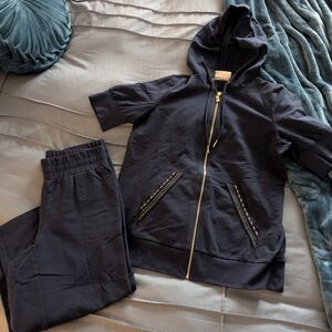 Belle By Kim Gravel Short Sleeve Hoodie & Cop Pants Set NWOT XXS Navy Blue Gold